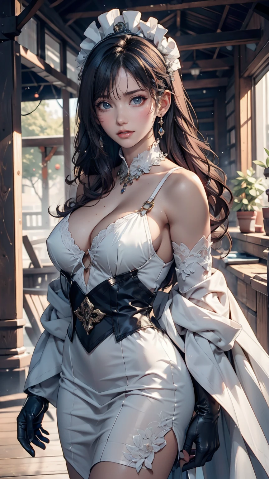 Korean,Realistic, masterpiece, Final details, photo Realistic, Exquisite detail, Octane Rendering, 8K, One girl, Perfect face, Beautiful Face, nswf Japanese, Trough Reference, Hair Details,, black bow, black gloves, Black Legs, blue eyes, Blue Hair, bow, clavicle, dress, Drill Hair, Frills, Frills, gloves, Gwen, headdress, High resolution, Long Hair, Part your lips, Puffy sleeves, Purple eyes, smile, alone, white dress, Oilskin,Sexy proportions、mature female body、erotic、adult、White inner color、