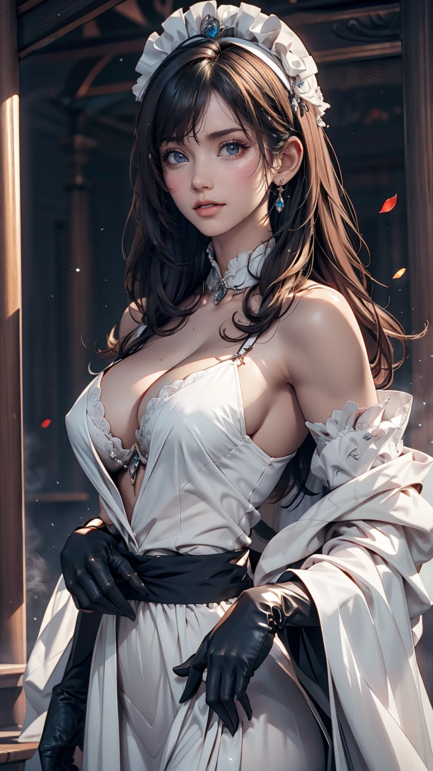 Korean,Realistic, masterpiece, Final details, photo Realistic, Exquisite detail, Octane Rendering, 8K, One girl, Perfect face, Beautiful Face, nswf Japanese, Trough Reference, Hair Details,, black bow, black gloves, Black Legs, blue eyes, Blue Hair, bow, clavicle, dress, Drill Hair, Frills, Frills, gloves, Gwen, headdress, High resolution, Long Hair, Part your lips, Puffy sleeves, Purple eyes, smile, alone, white dress, Oilskin,Sexy proportions、mature female body、erotic、adult、White inner color、