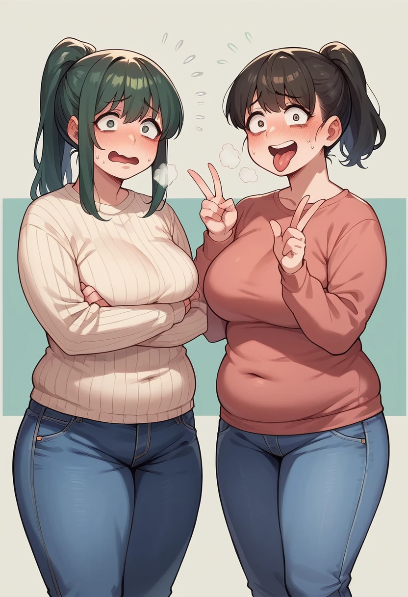 Anime Screenshot, chubby, 2 girls, milf, shy, pudgy face, large round eyes, dark green hair, ponytail, sweater, peace signs, sticking tongue out of mouth, sweating, nervous smile, slightly open mouth, huffing breath, wearing jeans, shirt off, embarrased