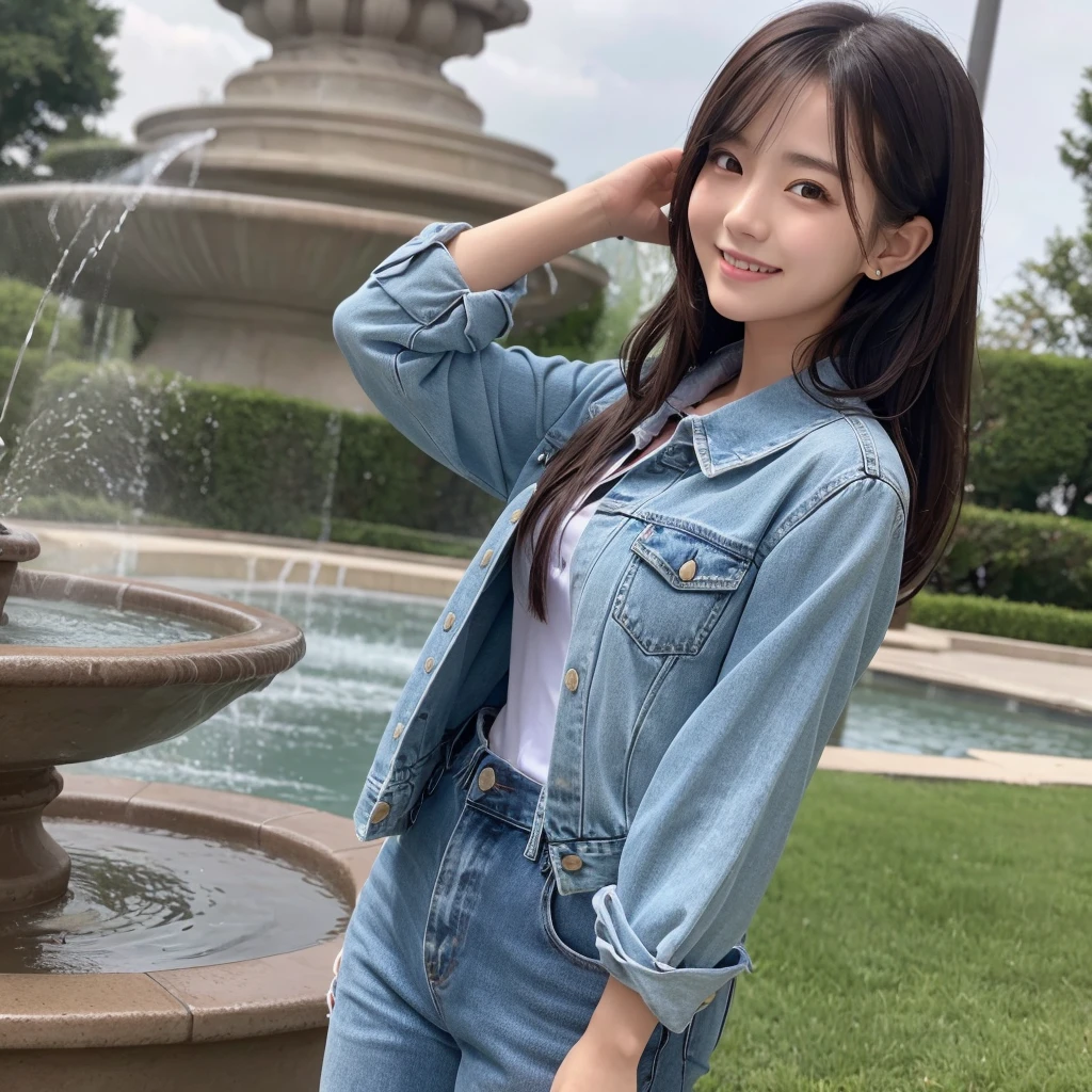 HD detailed, Super detailed, Realistic,Hyperrealism,Best image quality、Highest quality、masterpiece、Ultra-high resolution、8K、immature、Like the picture:1.5、Professional Lighting、Park fountain、Young Japanese Woman,Stylish、、Slender、、A kind smile、Button up your collar、Wear a long-sleeved denim shirt and jeans、Soaked clothes、Damp clothes、View from the side