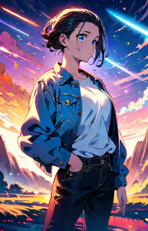 (anime), (masterpiece), ((extremely detailed 8k illustration)), highres, (extremely detailed and beautiful background), ultra detailed painting, professional illustrasion, Ultra-precise depiction, Ultra-detailed depiction, (beautiful and aesthetic:1.2), HDR, (depth of field:1.4), colorful, vivid, beautiful detailed glow light particles, intricate:1.4,(A young woman:1.4) White shirt, open denim jacket, (slicked-back hairstyle:1.4), (Pointed haircut), (short hair:1.3), exuding an air of intelligence and mystery, 24 years old, Black pants, casual sneakers, Cinematic lighting, looking at the audience, postural dynamics