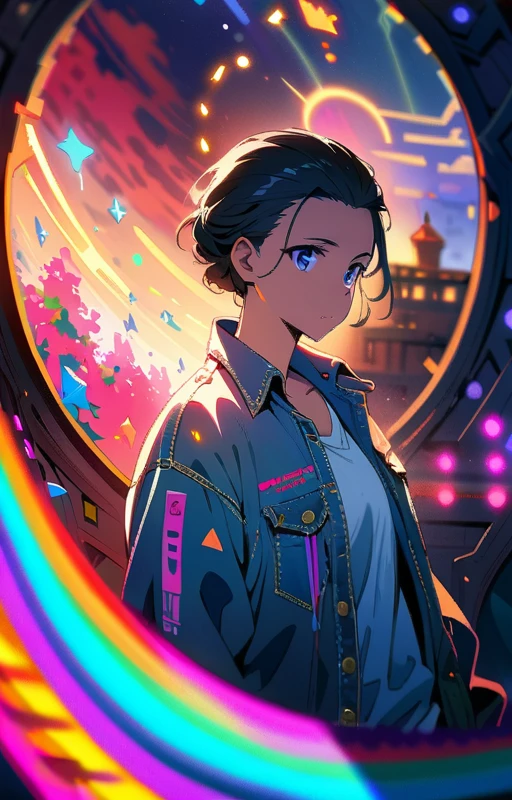 (anime), (masterpiece), ((extremely detailed 8k illustration)), highres, (extremely detailed and beautiful background), ultra detailed painting, professional illustrasion, Ultra-precise depiction, Ultra-detailed depiction, (beautiful and aesthetic:1.2), HDR, (depth of field:1.4), colorful, vivid, beautiful detailed glow light particles, intricate:1.4,(A young woman:1.4) White shirt, open denim jacket, (slicked-back hairstyle:1.4), (Pointed haircut), (short hair:1.3), exuding an air of intelligence and mystery, 24 years old, Black pants, casual sneakers, Cinematic lighting, looking at the audience, postural dynamics