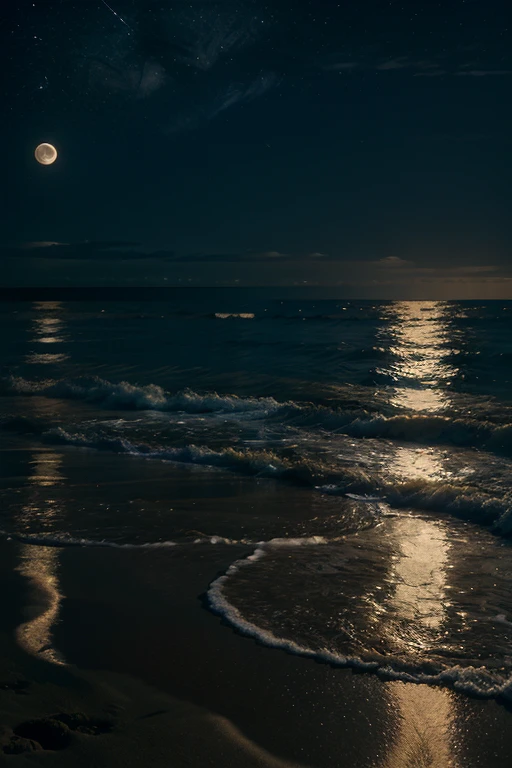a beautiful beach at night, full moon, ocean waves, sandy beach, palm trees, moonlight reflecting on the water, serene and peaceful atmosphere, dramatic sky with stars, long exposure photography, cinematic mood, photorealistic
