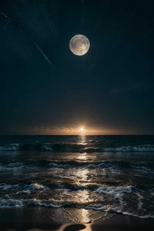 a beautiful beach at night, full moon, ocean waves, sandy beach, palm trees, moonlight reflecting on the water, serene and peaceful atmosphere, dramatic sky with stars, long exposure photography, cinematic mood, photorealistic