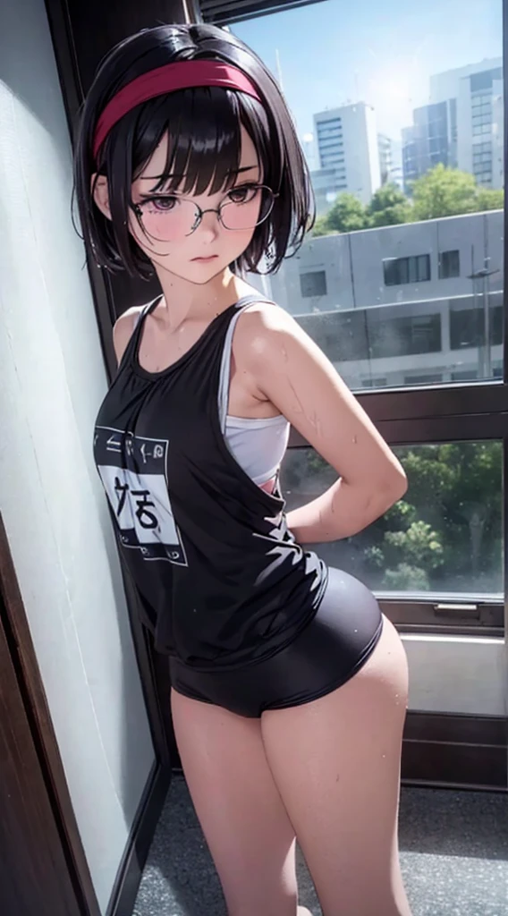 (masterpiece, Highest quality, It captures a very cute moment, Depth of written boundary, Super detailed, Ultra-high resolution, C4D, Octadale, 3D Modeling,Realistic human photos、 8K, 16K, One Girl,Middle school students, Small breasts,Black Hair,short hair,Straight Hair,Light brown eyes,White headband,Wearing black glasses,Cute face), Bloomers, Black tank top, zettai ryouiki, Wet clothes,Classroom Nights,Moonlight, Good elevator, Take off、Real-life skin、Not an anime、Realistic、Not an illustration