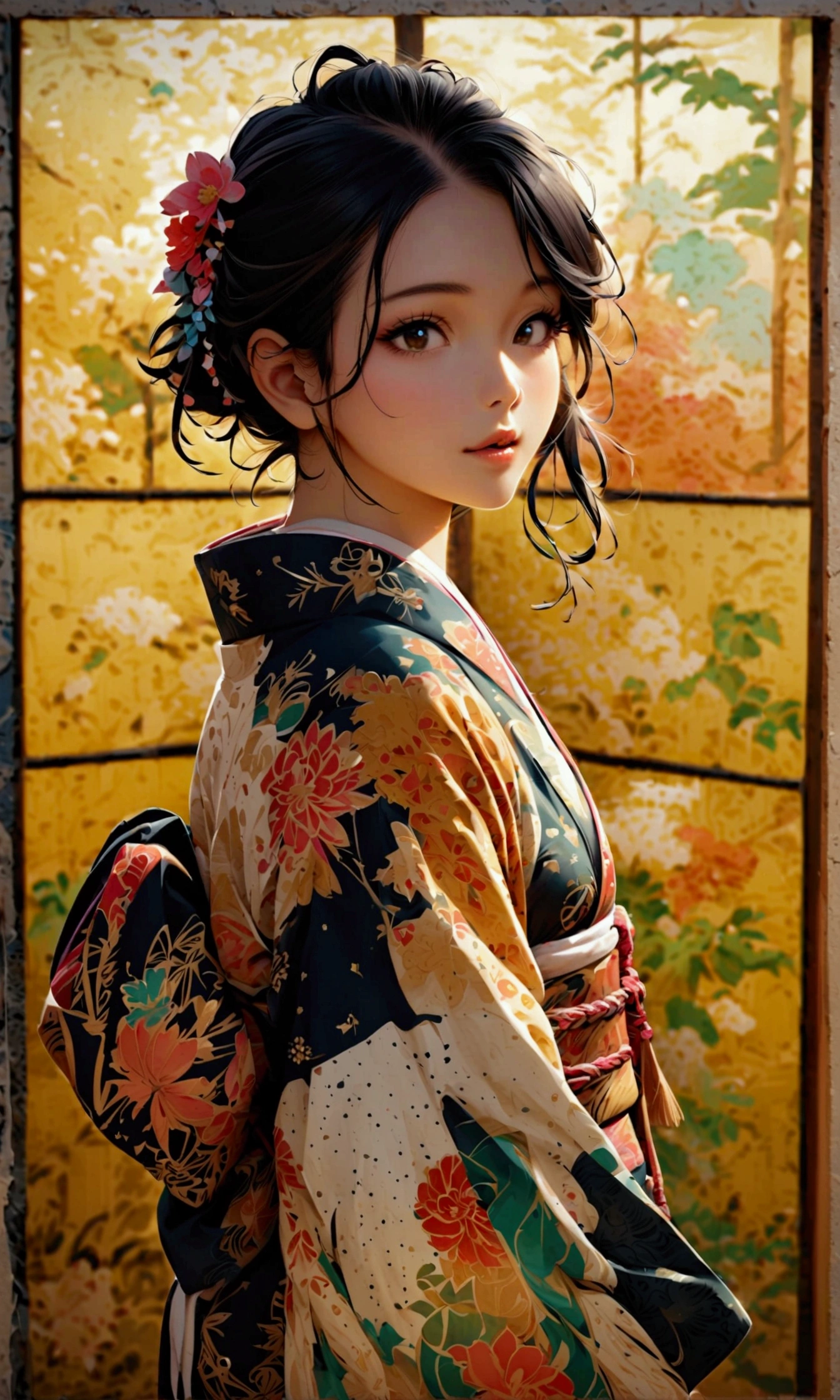 A girl posing in a kimono,She is wearing an artistic kimono designed by Korin Ogata.,provocative perspective,create an artistic background,Japanese painting style based on folding screen paintings,Draw seasonal flowers on a golden background,modern art,Make black and white the main colors,use colorful accents,decadent,Sui Ishida's style of painting