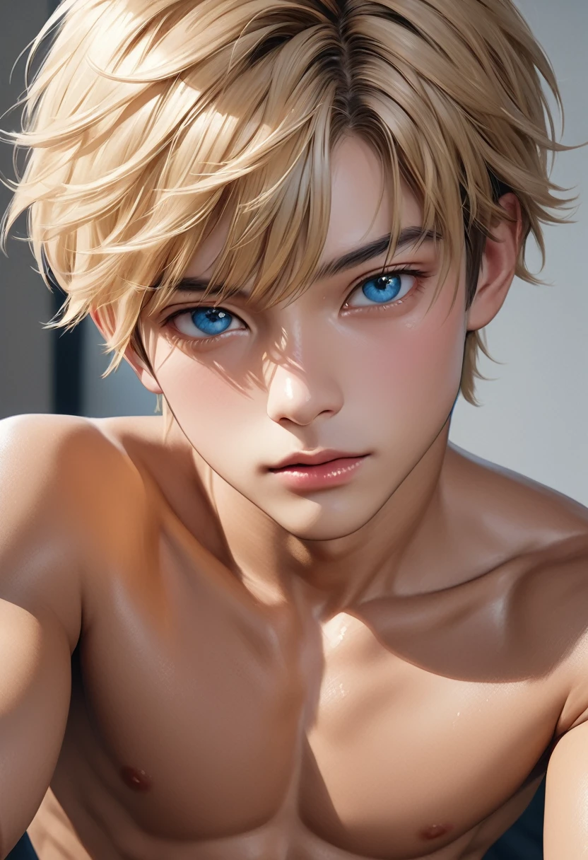 high quality, detailed, photo Realistic, (20 years old tanned japanese idol boy), (detailed blue eyes), (blond short hair),(tanned shiny skin:1.3), black tiny thong, bulge,(detailed nipples), (best quality,4k,8k,highres,masterpiece:1.2), (face close up:0.8),(realistic,photorealistic,photo-realistic:1.37), front shot,