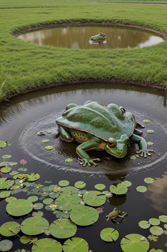 This image depicts a small pond where many frogs live. In the center, there's an ambitious frog named Tar playing with his friends. Nearby, in a field next to the pond, a huge bull is grazing, capturing the attention of all the frogs. Tar stands among his friends, trying to inflate himself to become as big as the bull.