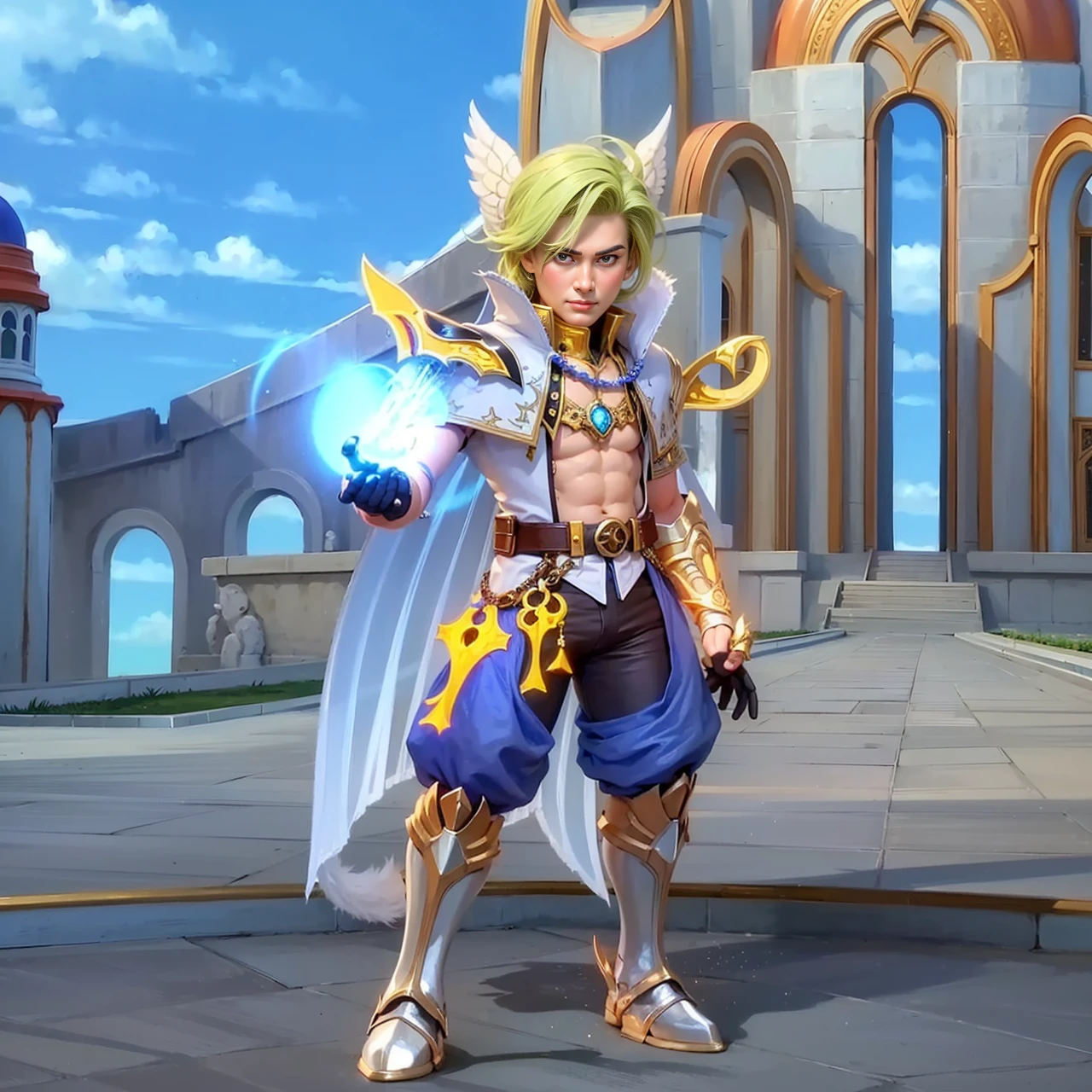 a close up of a guy holding a sword in a sky, Masterpiece, ultra HD, detailed all picture, a close up of a devil, dyrroth from mobile legend, evil, extremely detailed artgerm, mobile legends character, inspired by Dyrroth, Six pack chest and abs, black jewel above the chest, light yellow eyes.