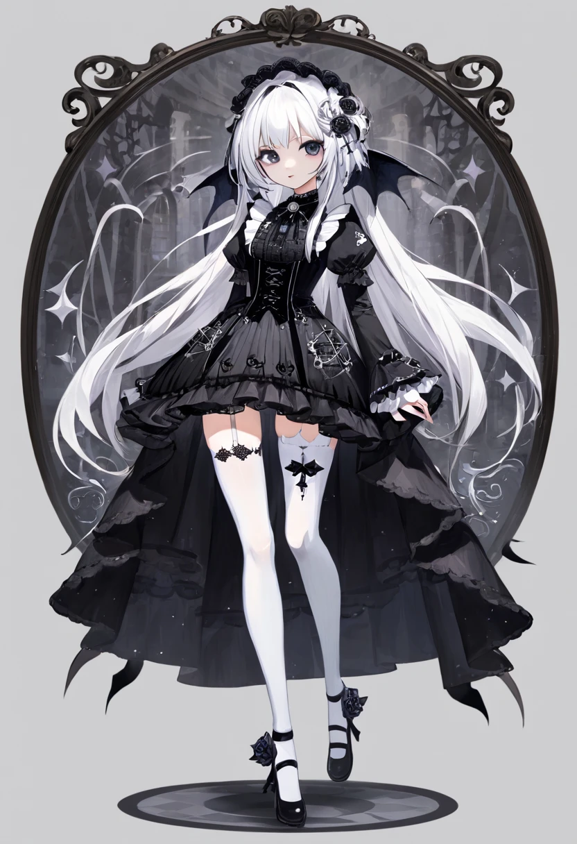 masterpiece, top-quality, masterpiece, top-quality,ighly detailed,{top-quality}, {{masterpiece}}, {hight resolution},original, {extremely delicate and beautiful},masterpiece, top-quality,ighly detailed,{top-quality},white hair, gothic ta, full body, standing, white thighhighs,
