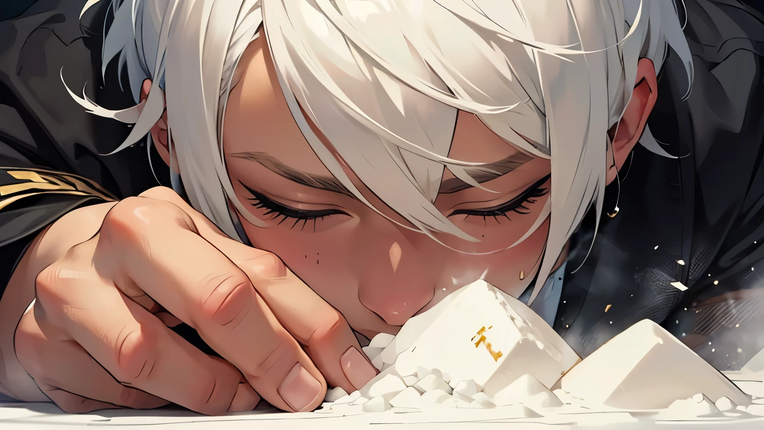 ((best quality)), ((Work of art)),((detailed)), man, short white hair, eyes closed, sniffing cocaine.