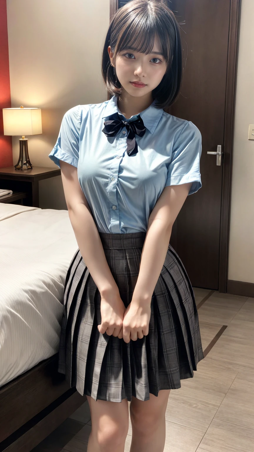 Japan girl, girl in her twenties, wavy little long hair, black hair, brown eyes, perfect figure, transparency, luster, luster, modest breasts, school uniform, navy blue tie, navy blue skirt, light blue shirt, pink panties, gravure idol, bed, sleeping, wide open legs
