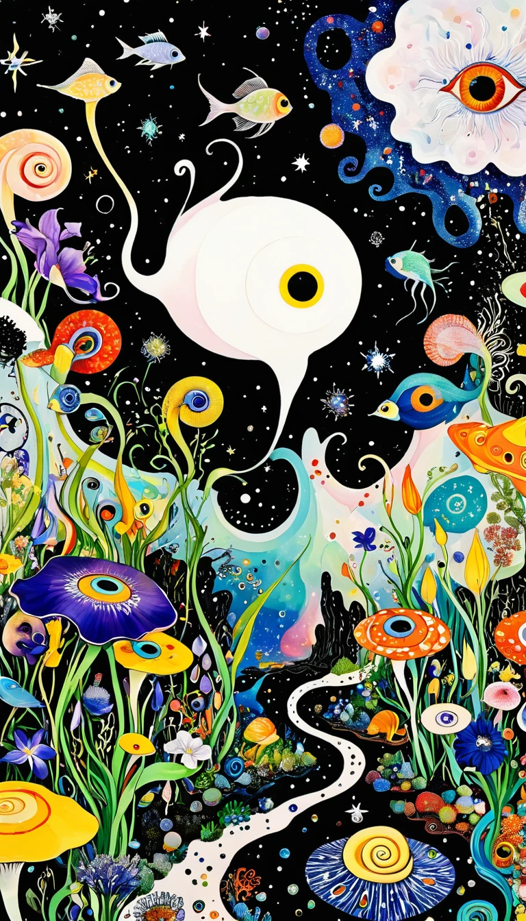 Pollock。1snails小屋,Artists from the stars,Colorful black,A world of color,Dopamine,mouth,A cloud、snails、iris、fish、Tentacles、bird、Eye、diatom,Abstract mosaic painting,Describing the inner world of autistic people,Sense of space,White Space,interesting,Innocence,Psychedelic Art,Black overall