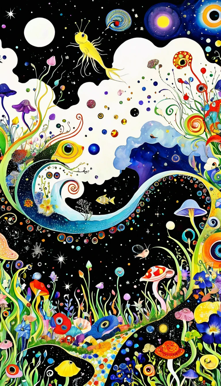Pollock。1snails小屋，Artists from the stars，Colorful black，A world of color，Dopamine，mouth，A cloud、snails、iris、fish、Tentacles、bird、Eye、diatom，Abstract mosaic painting，Describing the inner world of autistic people，Sense of space，White Space，interesting，Innocence，Psychedelic Art，Black overall
