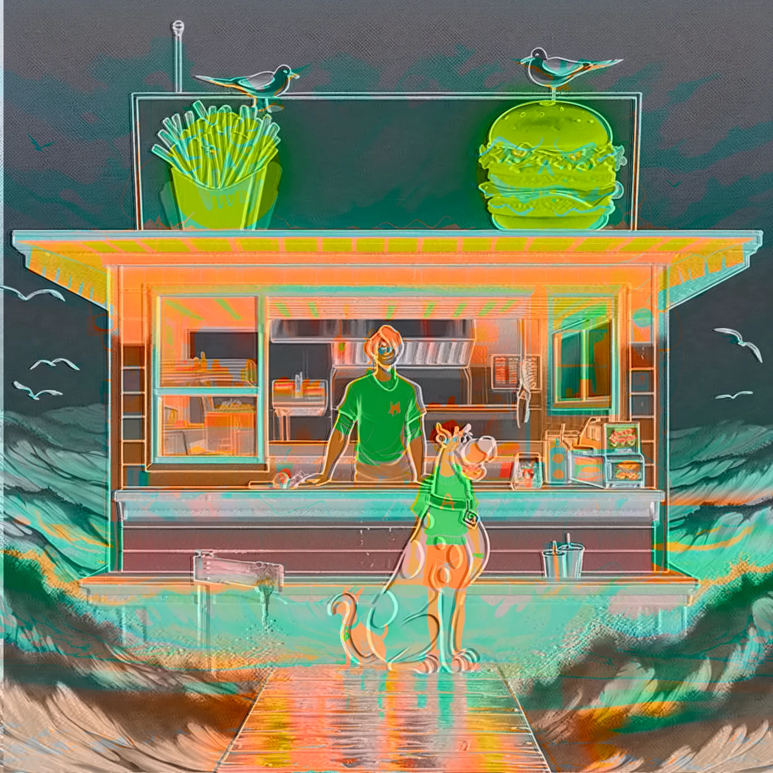 no light source, overwhelming darkness, maximal abyss, Sunset, dim glow, neon, dazzling, warm dark rich coloring, Scooby Doo distinct to original cartoon, ocean front fast food shack, operated by Scooby Doo and Shaggy, waves, sea breeze, seagulls, The scene is minimal, serene, perfect, strange, candid, cinematic, surreal, and timeless. The hamburger grill is lost in space, standing against a blank canvas. The style is a mix of realism and cartoon, with 90s comic aesthetics, expressive ink work, cinematic compositions, and nuanced details. The style is reminiscent of Joelle Jones and 90's scooby doo animated tv show, shaggy wearing tropical green sweater, scooby doo distinct art style,