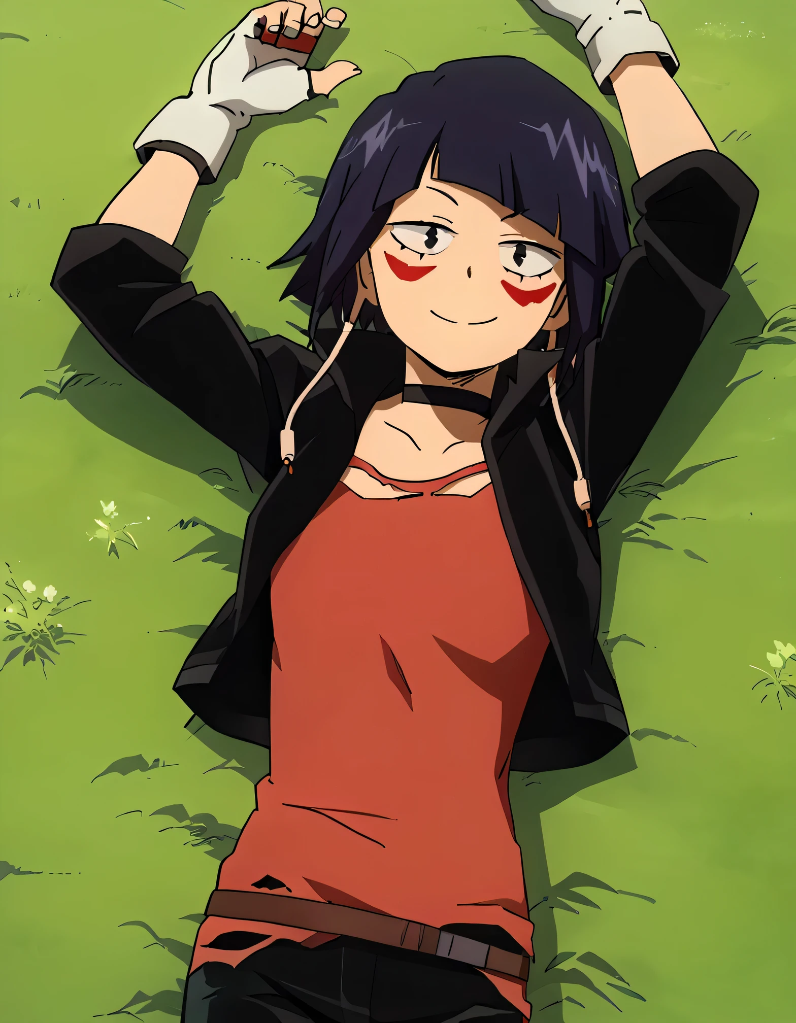 kyokajiro_mha, three-quarter shot, earlobes, red face markings, black choker, dark leather jacket, ripped shirt, jeans, fingerless_bulk_gloves, high quality, lying, on grass, 1girl, solo, on back, arms up, spread arms, looking at viewer, best quality, closed mouth, smile, (cowboy shot:1.5),