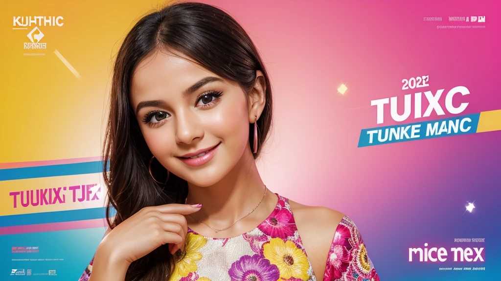 The miniature image is of a beautiful young girl, delicate face, radiant smile, face as if feeling the music. Background font "Türkçe Pop" at top highlighted bold, smaller stylized text "2024", stylized text "Türkçe Remix" at bottom. The vibrant color combination creates a vivid and attractive picture.