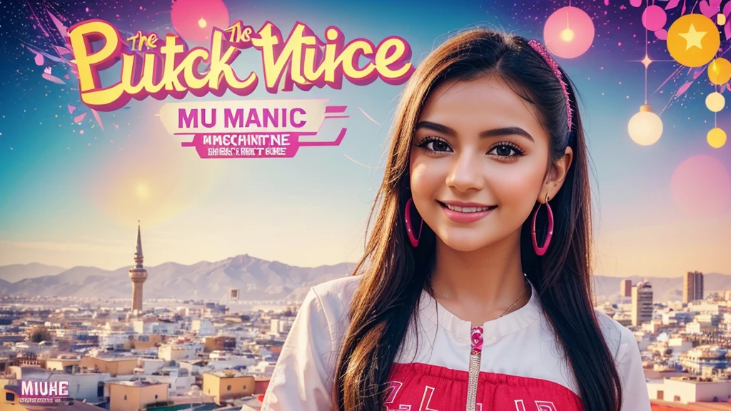 The miniature image is of a beautiful young girl, delicate face, radiant smile, face as if feeling the music. Background font "Türkçe Pop" at top highlighted bold, smaller stylized text "2024", stylized text "Türkçe Remix" at bottom. The vibrant color combination creates a vivid and attractive picture.