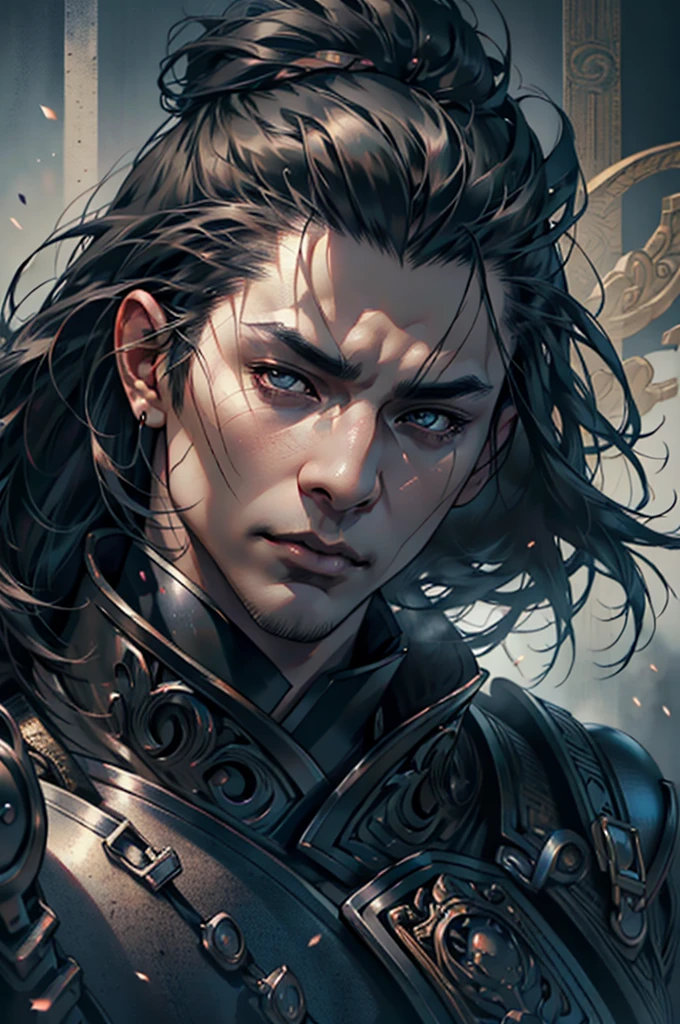 a Japanese man with long black hair wearing light black armor,extremely detailed portrait,hyper realistic,photorealistic,highly detailed facial features,detailed eyes,detailed lips,detailed nose,extremely detailed skin,cinematic lighting,dramatic shadows,fantasy,elegant,majestic,intricate details,masterpiece,best quality,8k