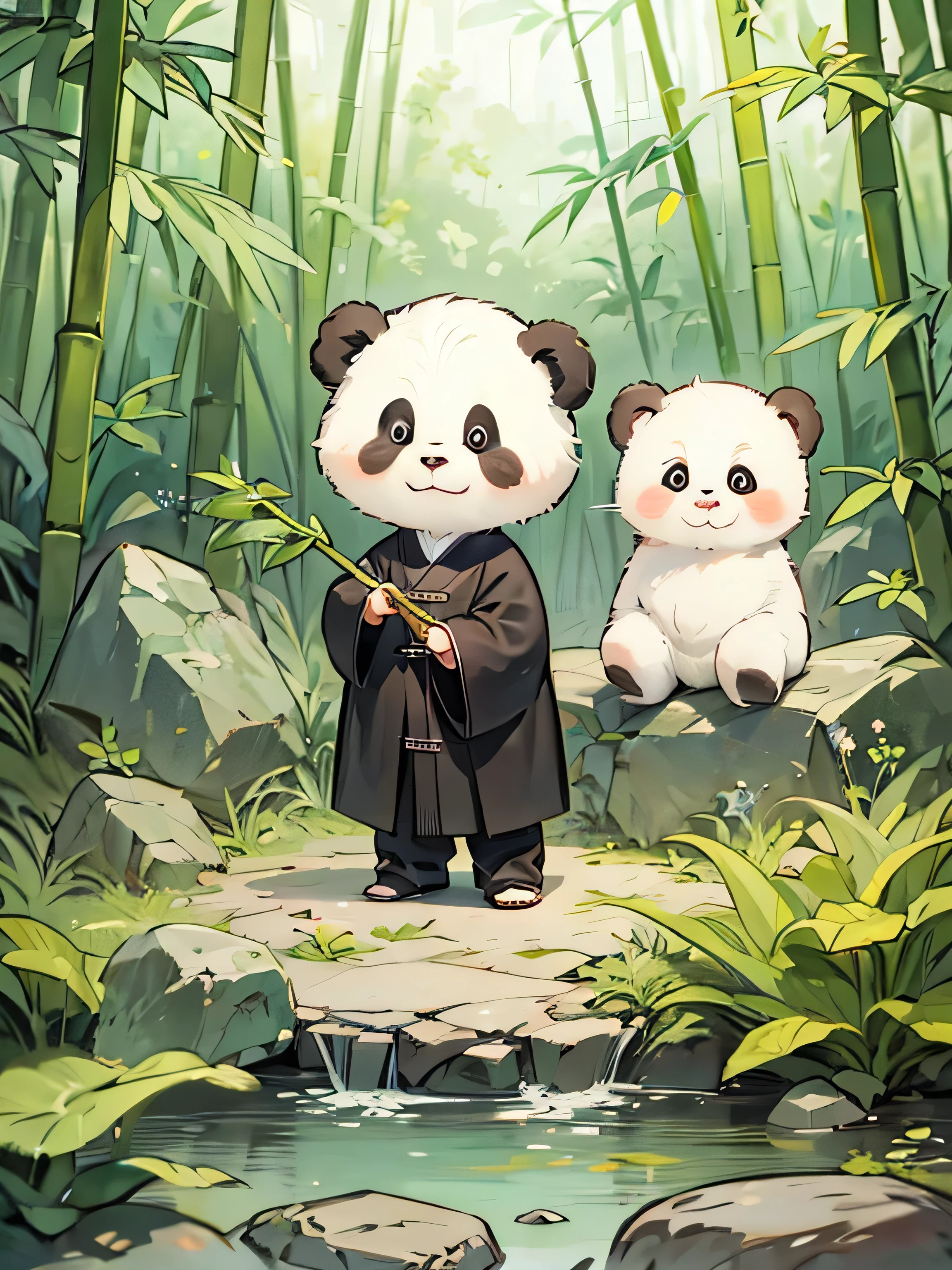 guofeng, cute **********, panda, bamboo forest, bamboo, rock, grass