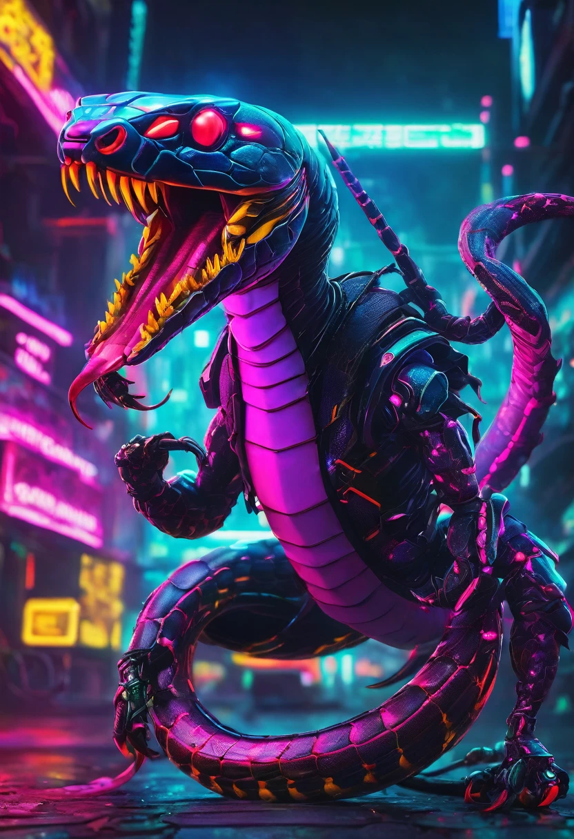 high qualiy, scorpion fighting snake in neon setting/cyber punk 