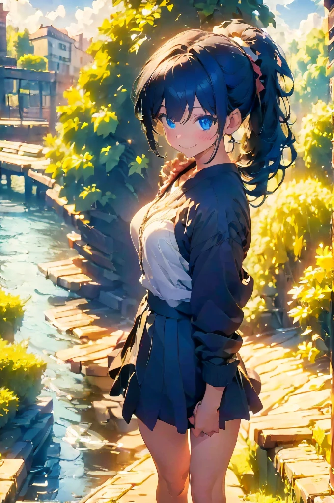 (masterpiece), (high resolution 8K), professional illustration, 1 girl, late teenage, walking, turn around, arched back, full body, dutch angle, bird's eye view, hoody, mini-skirt, back pack, blue hair, smile, looking away, cityscape in Tokyo, night, high contrast, professional lighting, stunning face, symmetrical clear eyes, detailed eyes and face,ponytail