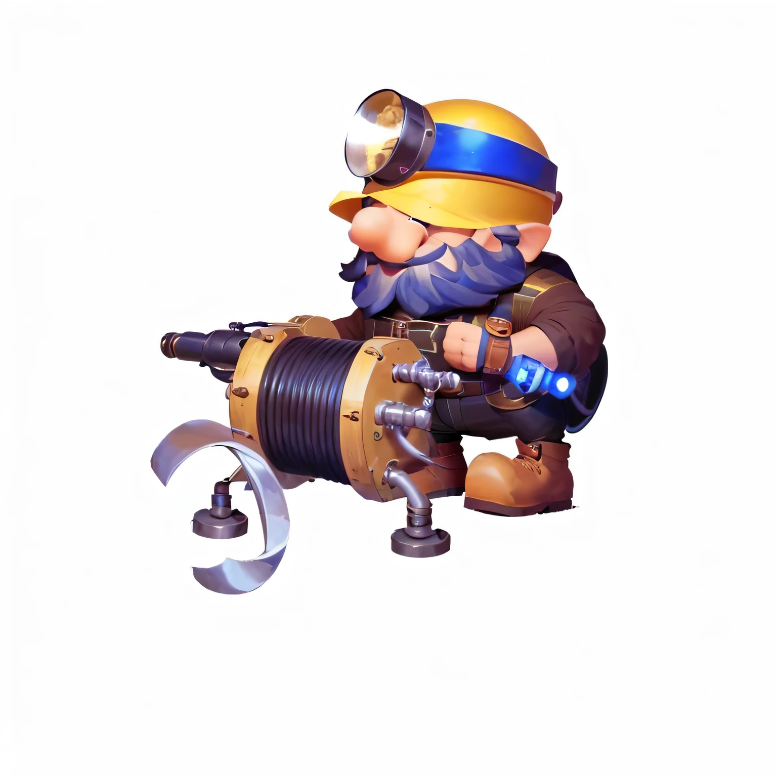 cartoon image of a man with a pipeline and a wren, pepe the miner, engineer, mechanical, muscular female gnome engineer, Mini Gun, Unreal No, mining, Heavy weapons guy, Landmines, Farmers, steampunk engineer, old charismatic mechanical, Tinkerer, Fisherman, pipeline, Complete portrait of the electrician, blacksmith, Old Man, Magic Fishing Rod Weapon