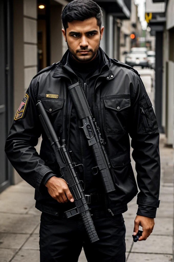Black cat with m16 weapon with a black jacket and with his cat in his pocket