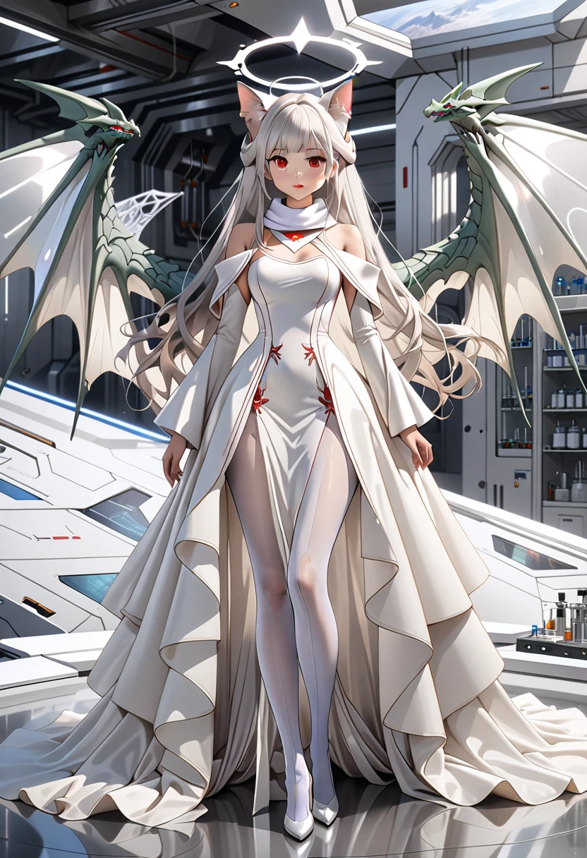 masterpiece, highest quality, highest resolution, clear_image, photo realistic, detailed details, White hair, long hair, cat ears, 1 girl, red eyes, imperial wedding dress, white pantyhose, white scarf (around the neck), gray futuristic halo, futuristic dragon wings, beautiful, full body, no water marks, laboratory, no extra limps, no extra body