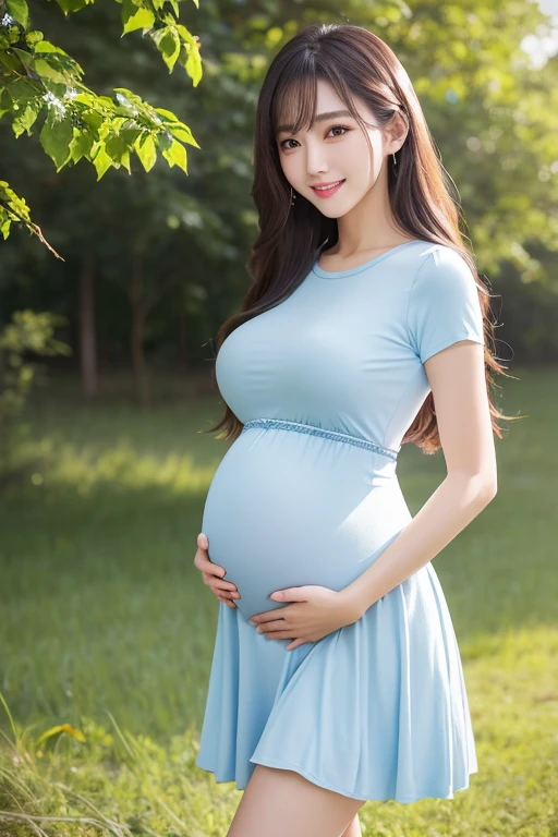 (highest quality、masterpiece、8K、best image quality、hyper realism、Award-winning work)、1 pregnant woman、(独奏:1.1)、(1 photo:1.1)、(Height: 140cm:1.1)、(low length:1.1)、(ta:1.1)、(Feminine and girly cute accessories:1.1)、(フェミニンでガーリーな可愛いLolita少女:1.1)、(Elegant pastel light blue T-shirt:1.1)、(Pastel light pink berry long flare skirt:1.1)、(late pregnancy:1.2)、Standing gracefully、(Random beautiful nature scenery background:1.1)、(Spectacular and mysterious scenery:1.1)、(beautiful clear sky:1.1)、(beautiful thunder clouds:1.1)、Full body photo of a woman standing gracefully with the biggest smile looking at me、accurate anatomy、perfect makeup、long eyelashes、glossy lips、Ultra high definition glossy skin、(Ultra-high definition bright and beautiful skin:1.1)、Ultra-high definition glossy lips、Super high definition beautiful teeth