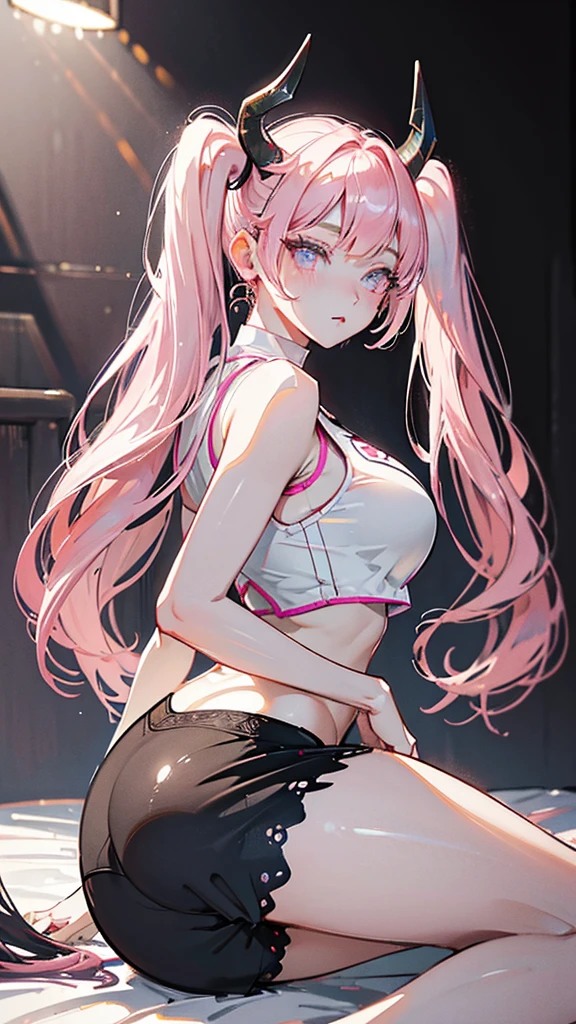 4k, twin tails ,Lens flare, pink hair ,mascara, eyeliner, god rays, 4k, 8k, best quality, masterpiece, hyper detailed, intricate detail, 1girl, solo, detailed, Detailed fuschia hair ++, detailed pink eyes ++, raytracing, perfect shadow, highres, enhanced eyes, huge breasts, horns, pink galaxy eyes, huge ass, booty, massive ass, on the web, panties, white crop top, bedroom