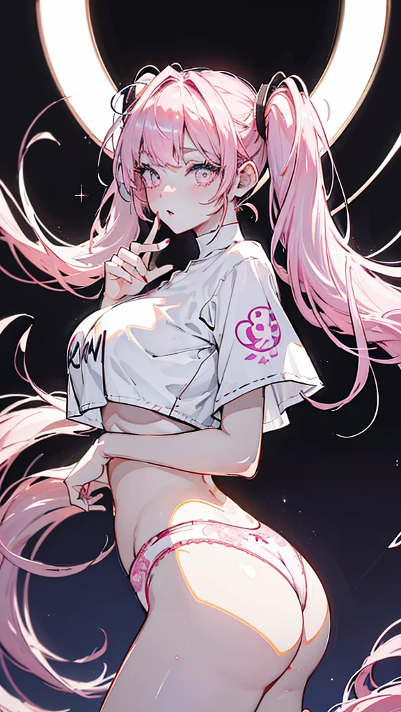 4k, twin tails ,Lens flare, pink hair ,mascara, eyeliner, god rays, 4k, 8k, best quality, masterpiece, hyper detailed, intricate detail, 1girl, solo, detailed, Detailed fuschia hair ++, detailed pink eyes ++, raytracing, perfect shadow, highres, enhanced eyes, huge breasts, horns, pink galaxy eyes, huge ass, booty, massive ass, on the web, panties, white crop top, bedroom