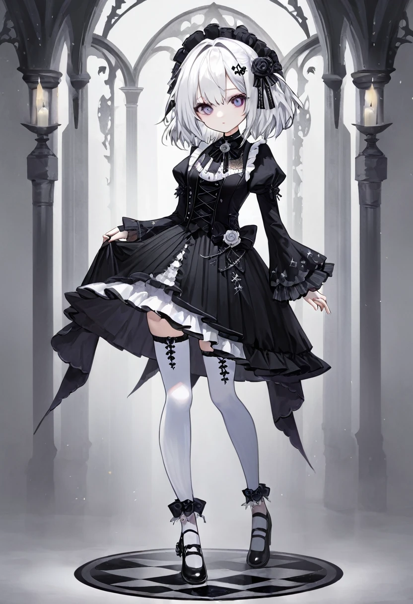 masterpiece, top-quality, ​masterpiece, top-quality,ighly detailed,{top-quality}, {{​masterpiece}}, {hight resolution},original, {extremely delicate and beautiful},​masterpiece, top-quality,ighly detailed,{top-quality},white hair, gothic lolita, full body, standing, white thighhighs,
