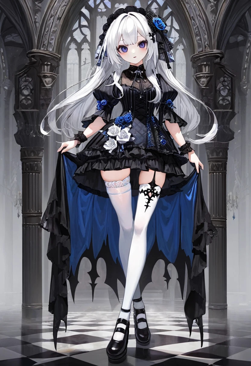 masterpiece, top-quality, masterpiece, top-quality,ighly detailed,{top-quality}, {{masterpiece}}, {hight resolution},original, {extremely delicate and beautiful},masterpiece, top-quality,ighly detailed,{top-quality},white hair, gothic ta, full body, standing, white thighhighs,
