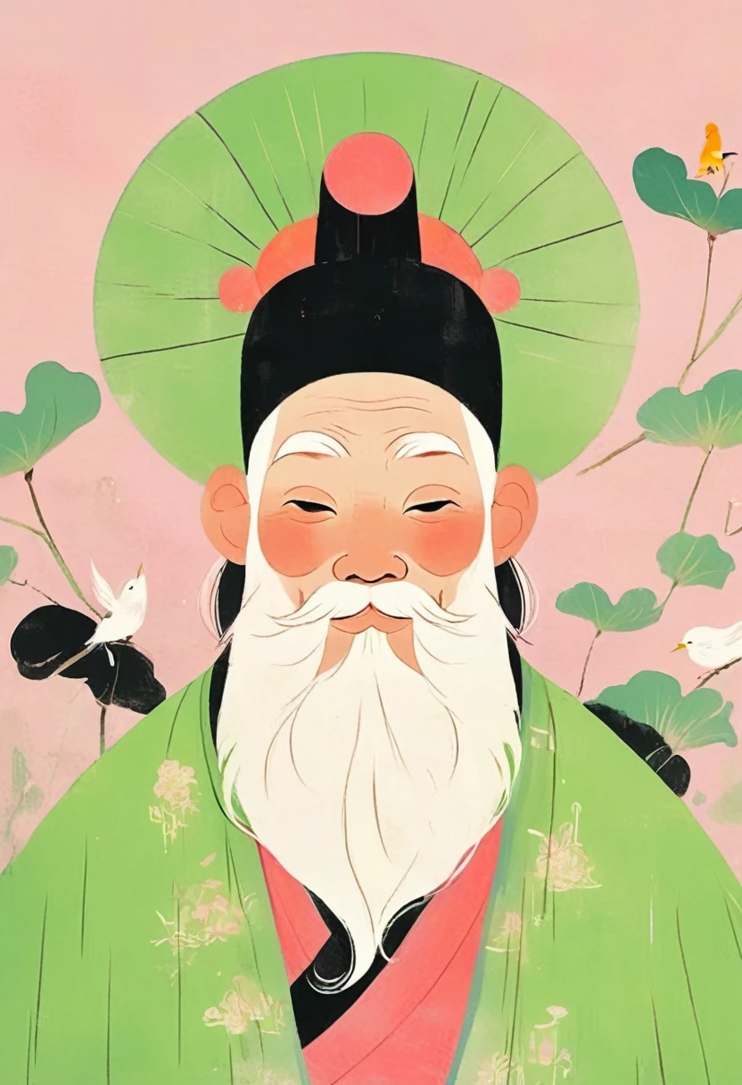 Chinese poster, An illustration featuring an ancient man with white beard and black hat wearing light green robe on light pink background is depicted in the style of Chinese ink painting. The minimalist and simple line style with flat design features colorful cartoon characters. The main character's facial features have clear contours and high contrast, depicted with bold strokes.