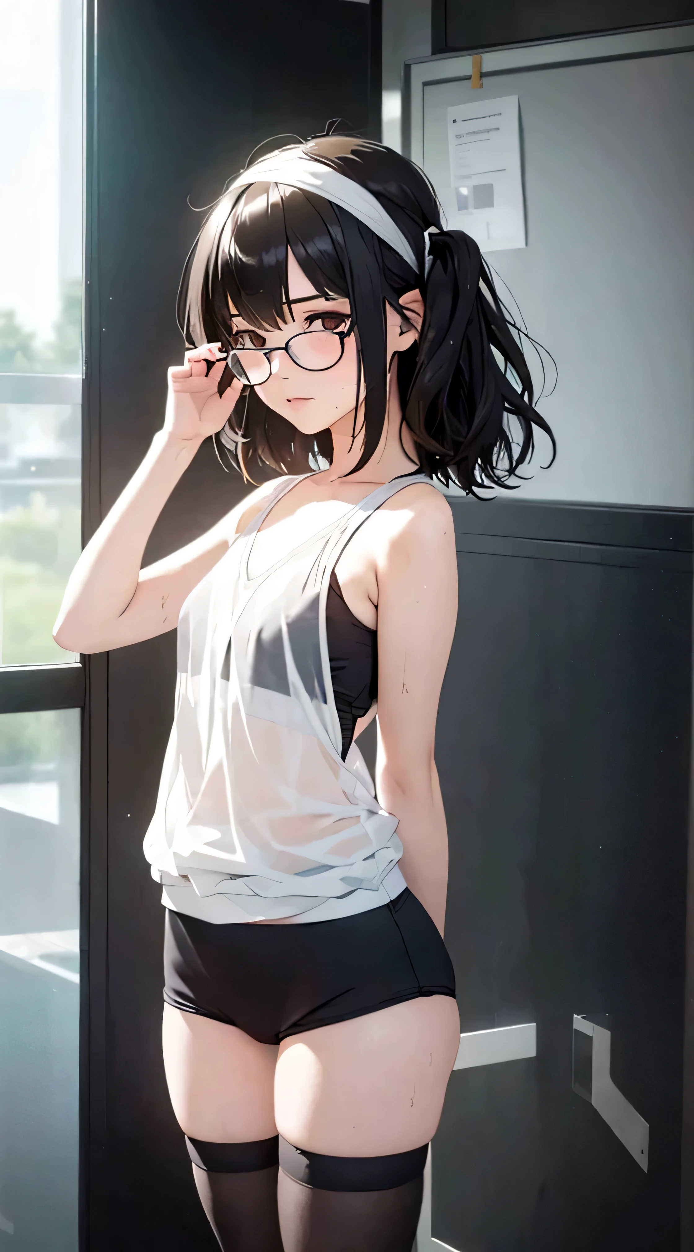 (masterpiece, Highest quality, It captures a very cute moment, Depth of written boundary, Super detailed, Ultra-high resolution, C4D, Octadale, 3D Modeling,Realistic human photos、 8K, 16K, One Girl,, Small breasts,Black Hair,short hair,Straight Hair,Light brown eyes,White headband,Wearing black glasses,Cute face), Bloomers, Black tank top, zettai ryouiki, Wet clothes,Classroom Nights,Moonlight, Good elevator, Take off、Real-life skin、Not an anime、Realistic、Not an illustration