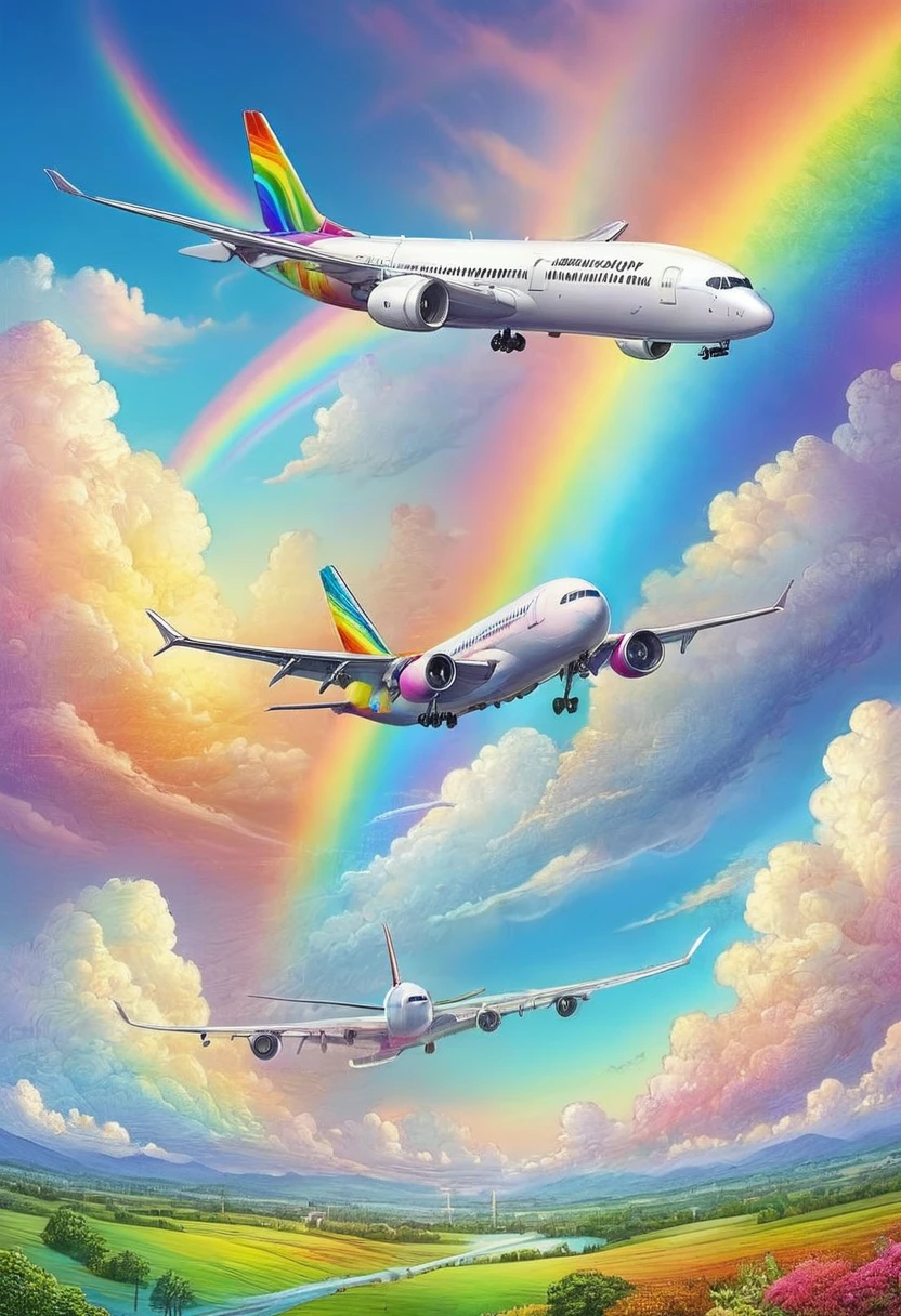 A world full of rainbow colors、Rainbow Airplane、A plane flying in a rainbow sky，colorful，Beautiful rainbow clouds，wonderful景色，Utopia，An atmosphere full of dreams and hope，masterpiece．16K, Ultra-high resolution, Ultra-high resolution, to be born,wonderful ,future、Iridescent、The world 30 years from now。