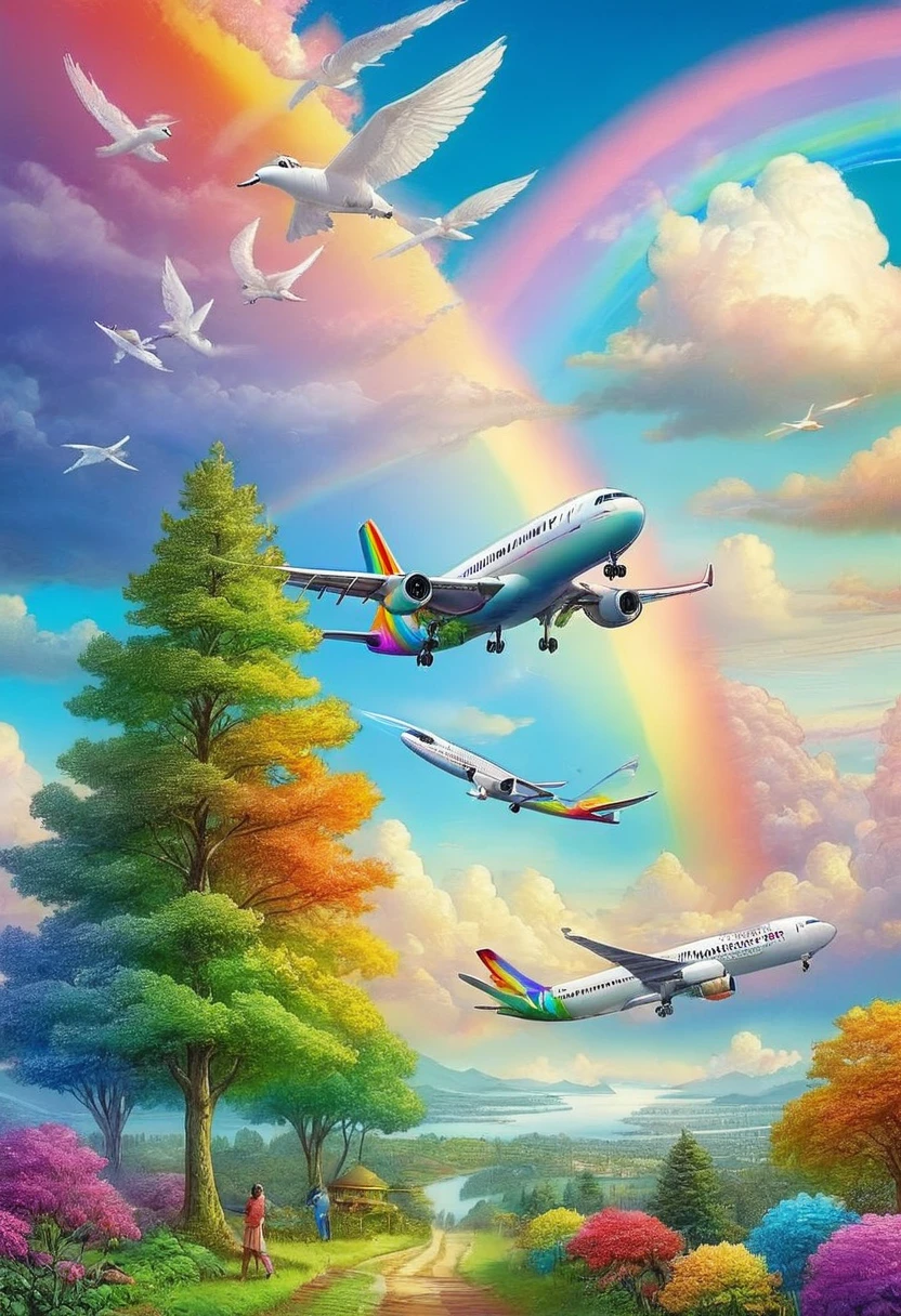 A world full of rainbow colors、Rainbow Airplane、A plane flying in a rainbow sky,colorful,Beautiful rainbow clouds,wonderful景色,Utopia,An atmosphere full of dreams and hope,masterpiece.16K, Ultra-high resolution, Ultra-high resolution, to be born,wonderful ,future、Iridescent、The world 30 years from now。