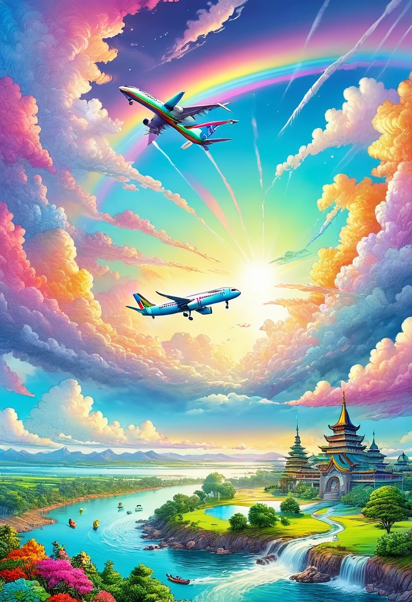 A world full of rainbow colors、Rainbow Airplane、A plane flying in a rainbow sky，colorful，Beautiful rainbow clouds，wonderful景色，Utopia，An atmosphere full of dreams and hope，masterpiece．16K, Ultra-high resolution, Ultra-high resolution, to be born,wonderful ,future、Iridescent、The world 30 years from now。