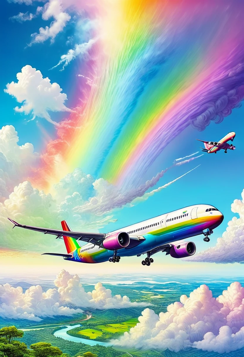 A world full of rainbow colors、Rainbow Airplane、A plane flying in a rainbow sky,colorful,Beautiful rainbow clouds,wonderful景色,Utopia,An atmosphere full of dreams and hope,masterpiece.16K, Ultra-high resolution, Ultra-high resolution, to be born,wonderful ,future、Iridescent、The world 30 years from now。