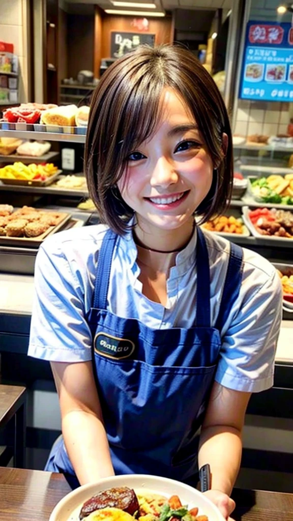 Beautiful fast food clerk、Serve the ordered food with a smile、Receive attention from customers