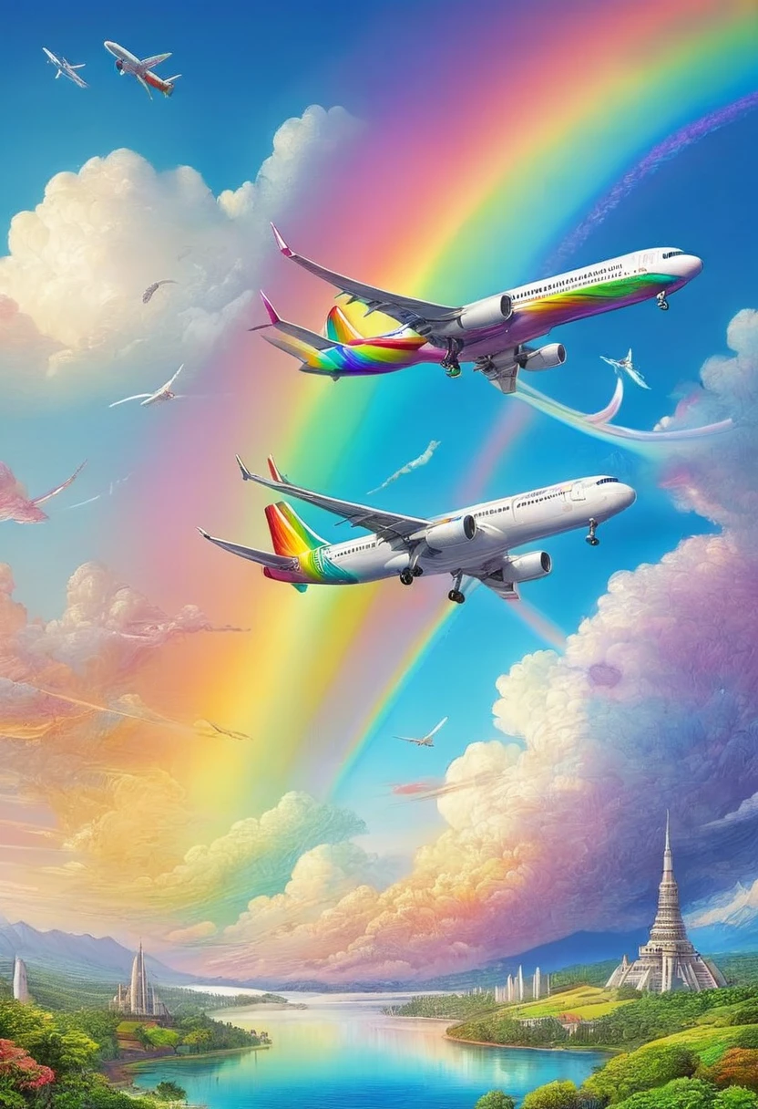 A world full of rainbow colors、Rainbow Airplane、A plane flying in a rainbow sky,colorful,Beautiful rainbow clouds,wonderful景色,Utopia,An atmosphere full of dreams and hope,masterpiece.16K, Ultra-high resolution, Ultra-high resolution, to be born,wonderful ,future、Iridescent、The world 30 years from now。