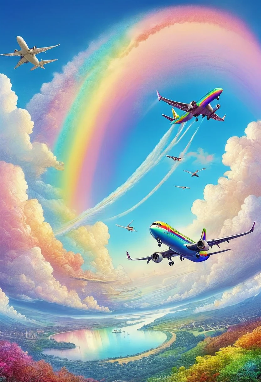 A world full of rainbow colors、Rainbow Airplane、A plane flying in a rainbow sky,colorful,Beautiful rainbow clouds,wonderful景色,Utopia,An atmosphere full of dreams and hope,masterpiece.16K, Ultra-high resolution, Ultra-high resolution, to be born,wonderful ,future、Iridescent、The world 30 years from now。