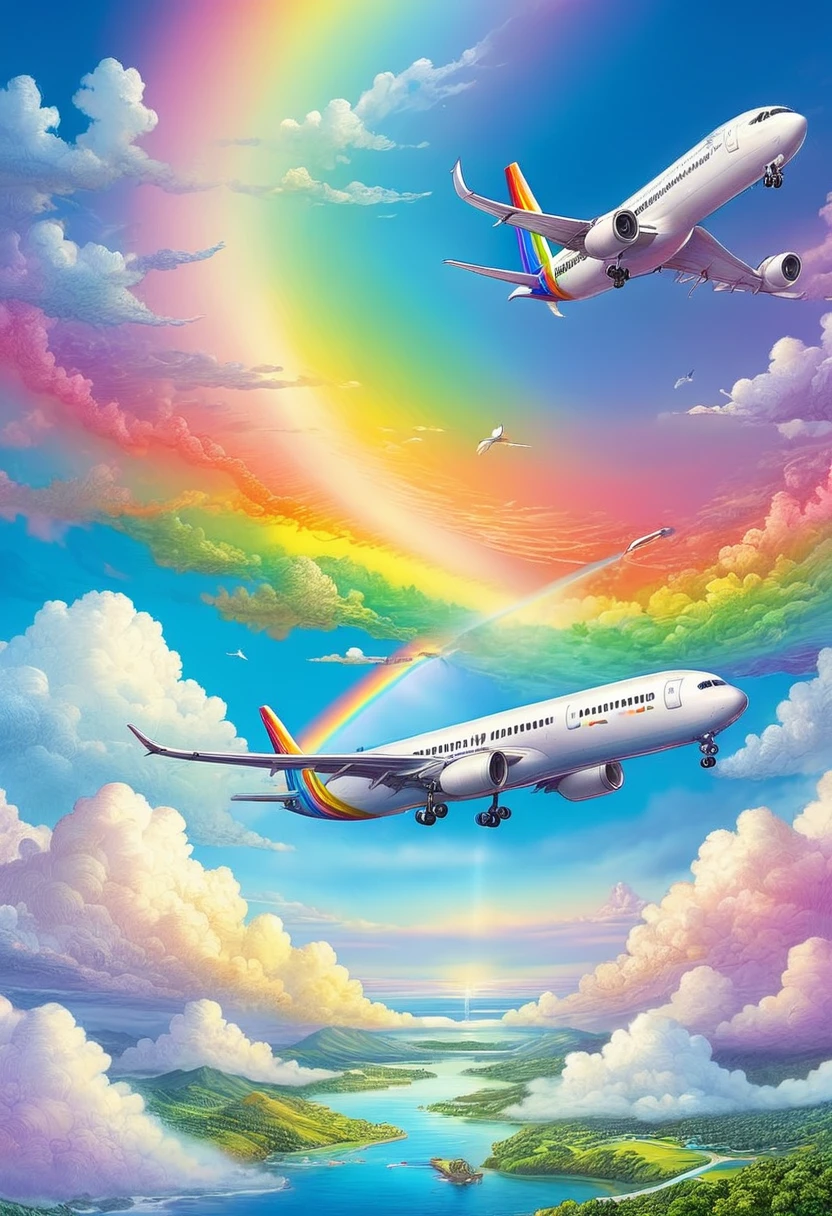 A world full of rainbow colors、Rainbow Airplane、A plane flying in a rainbow sky,colorful,Beautiful rainbow clouds,wonderful景色,Utopia,An atmosphere full of dreams and hope,masterpiece.16K, Ultra-high resolution, Ultra-high resolution, to be born,wonderful ,future、Iridescent、The world 30 years from now。