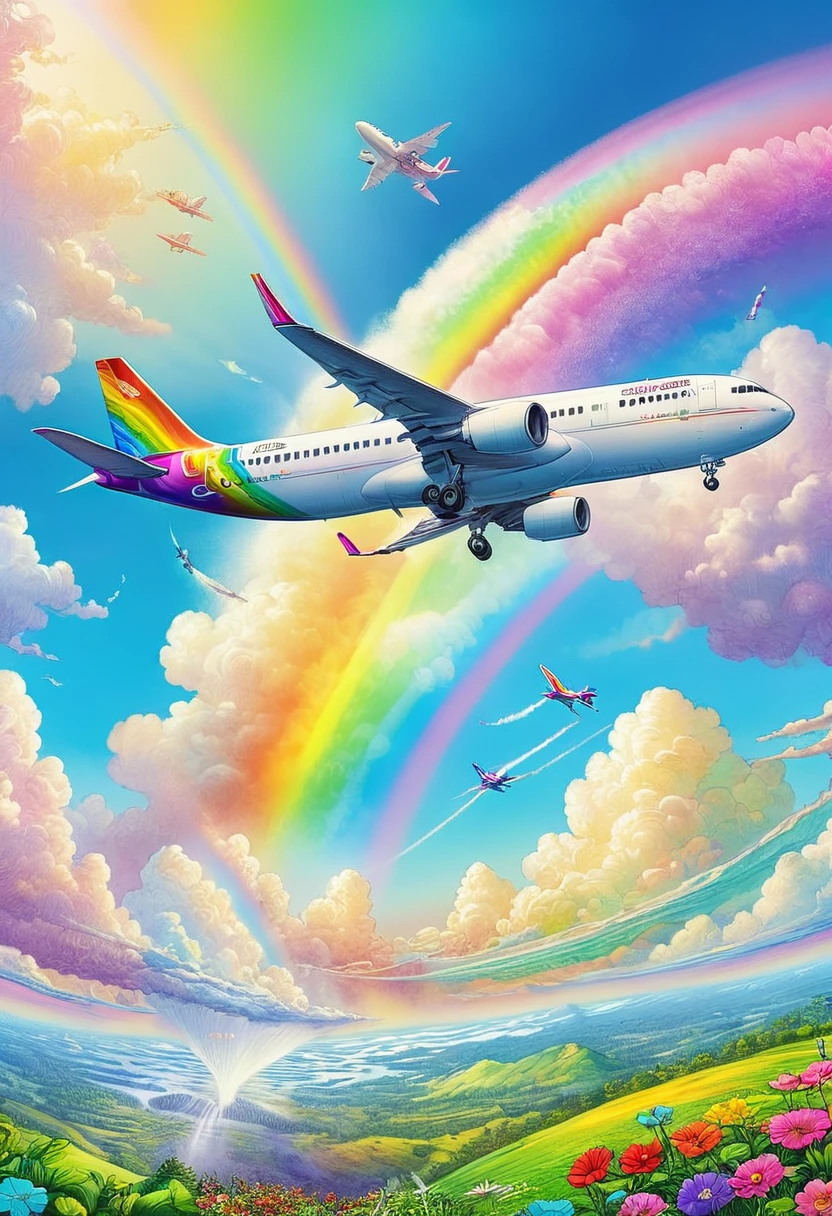 A world full of rainbow colors、Rainbow Airplane、A plane flying in a rainbow sky,colorful,Beautiful rainbow clouds,wonderful景色,Utopia,An atmosphere full of dreams and hope,masterpiece.16K, Ultra-high resolution, Ultra-high resolution, to be born,wonderful ,future、Iridescent、The world 30 years from now。