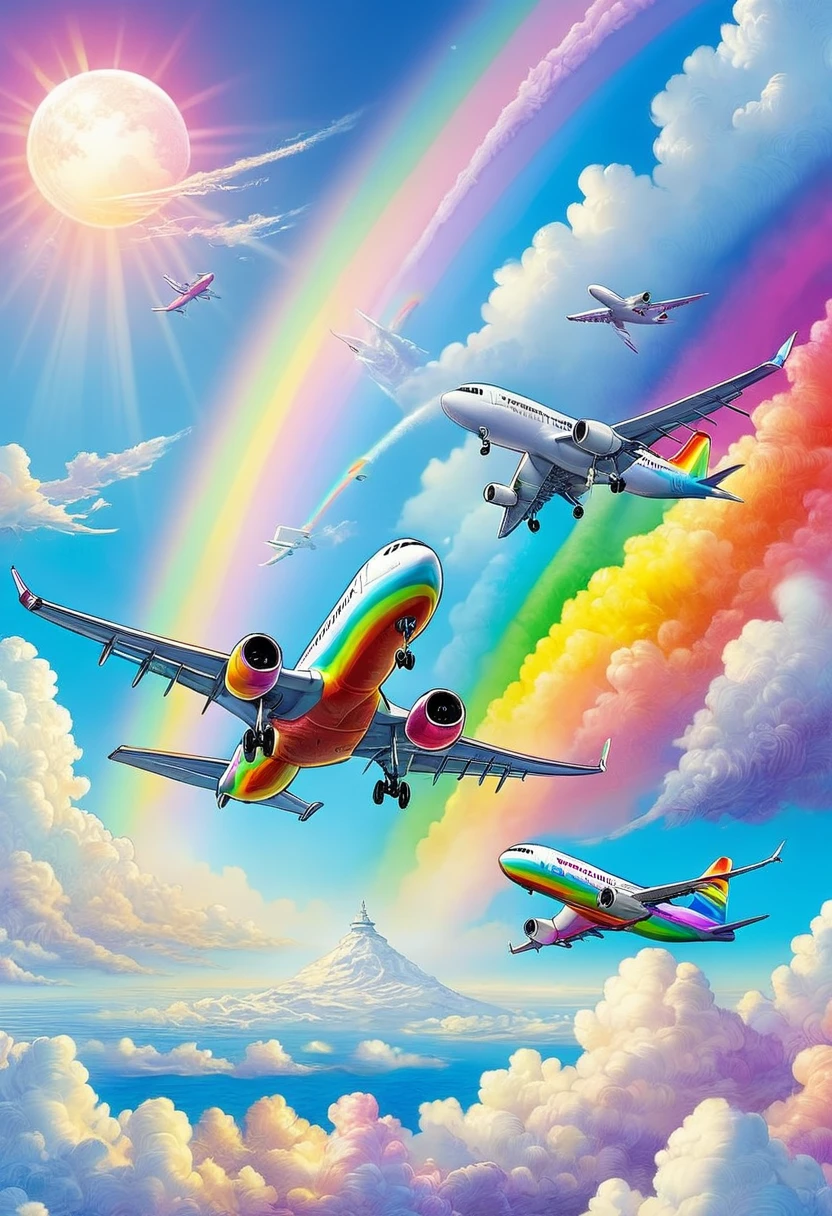 A world full of rainbow colors、Rainbow Airplane、A plane flying in a rainbow sky,colorful,Beautiful rainbow clouds,wonderful景色,Utopia,An atmosphere full of dreams and hope,masterpiece.16K, Ultra-high resolution, Ultra-high resolution, to be born,wonderful ,future、Iridescent、The world 30 years from now。