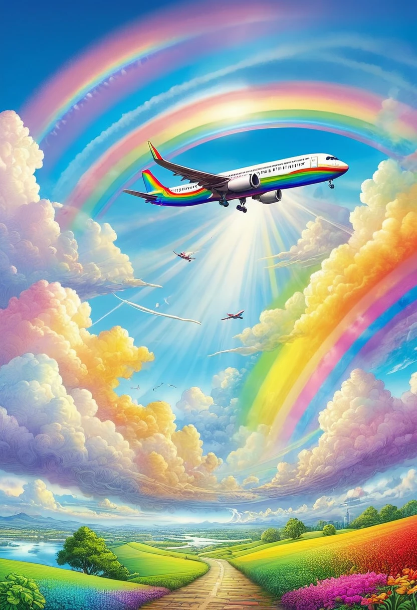 A world full of rainbow colors、Rainbow Airplane、A plane flying in a rainbow sky,colorful,Beautiful rainbow clouds,wonderful景色,Utopia,An atmosphere full of dreams and hope,masterpiece.16K, Ultra-high resolution, Ultra-high resolution, to be born,wonderful ,future、Iridescent、The world 30 years from now。