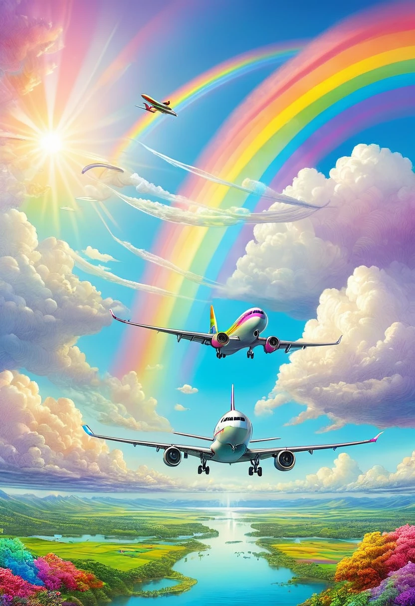 A world full of rainbow colors、Rainbow Airplane、A plane flying in a rainbow sky,colorful,Beautiful rainbow clouds,wonderful景色,Utopia,An atmosphere full of dreams and hope,masterpiece.16K, Ultra-high resolution, Ultra-high resolution, to be born,wonderful ,future、Iridescent、The world 30 years from now。