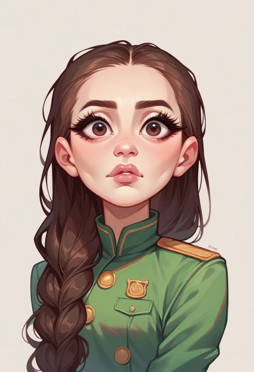 thin and dark girl, with long hair tied, with dark brown eyes, curled eyelashes, pink cheeks thin lips small nose with green uniform pixar animated