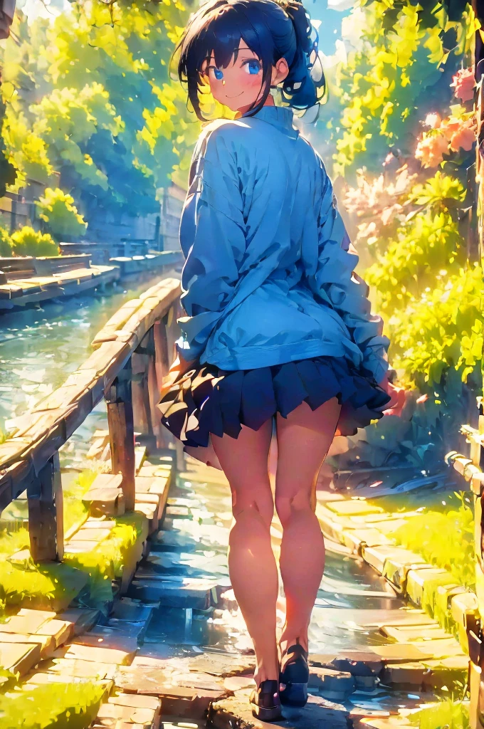 (masterpiece), (high resolution 8K), professional illustration, 1 girl, late teenage, walking, turn around, arched back, full body, dutch angle, bird's eye view, hoody, mini-skirt, back pack, blue hair, smile, looking away, sea, night, high contrast, professional lighting, stunning face,  symmetrical clear eyes, detailed eyes and face,ponytail